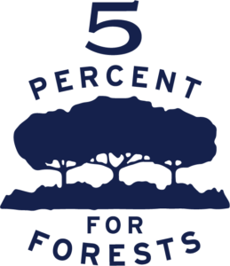 Navy blue graphic with tree silhouette that reads "5% for forests"