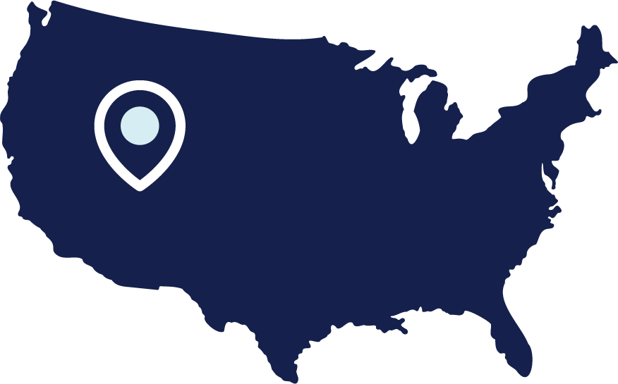 Light green box with navy blue map of the United States and a light blue location marker
