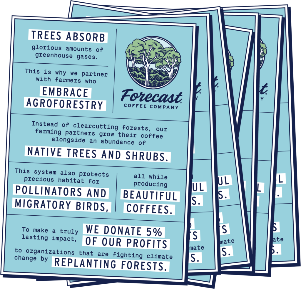 Stack of light blue, white and navy infographics with text that reads: Trees absorb glorious amounts of greenhouse gases. This is why we partner with farmers who embrace agroforestry. Instead of clear cutting forests, our farming partners grow their coffee alongside an abundance of native trees and shrubs. This system also protects precious habitat for pollinators and migratory birds, all while producing beautiful coffees. To make a truly lasting impact, we donate 5% of our profits to organizations that are fighting change by replanting forests.