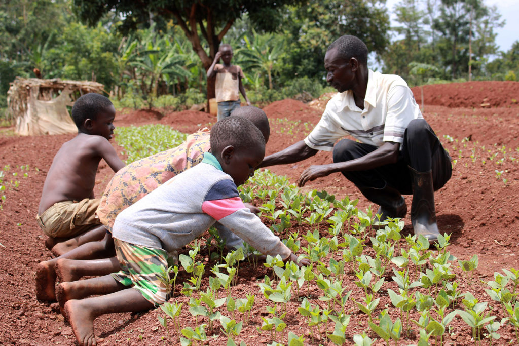Ugandan farmer Gusino Hamphrecy planting trees with his three children