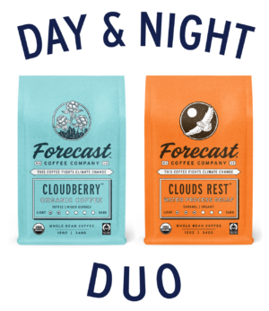 Bags of Cloudberry and Clouds Rest Coffee with banners of Day & Night above and Duo Below